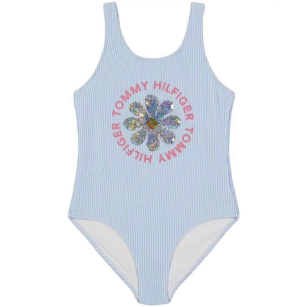 Tommy Hilfiger Girls Blue and White Stripe‎ Sequin Flower Swimsuit Size XL(16)
